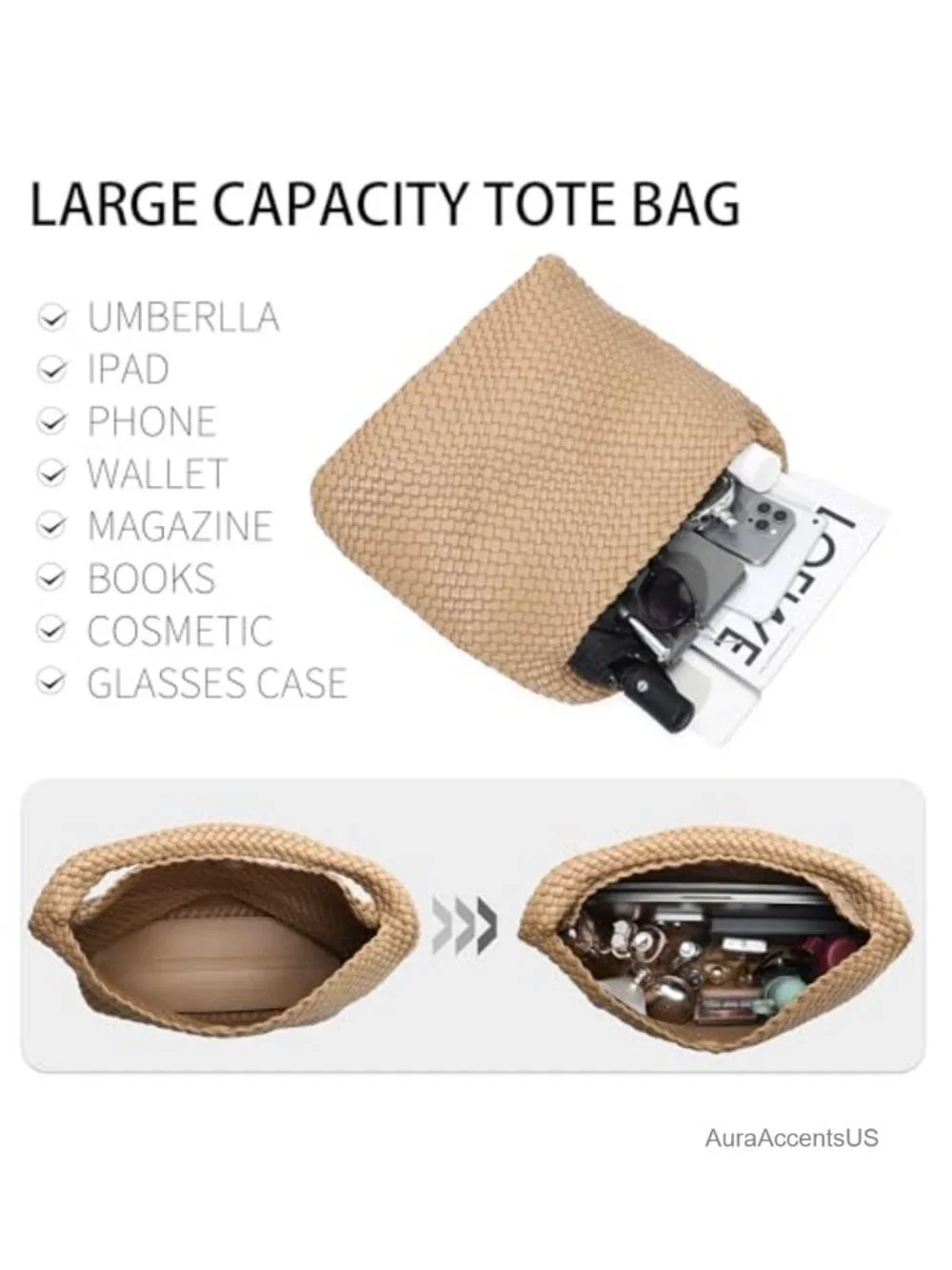 Woven Tote Bag with Vegan Leather Shoulder Hobo Handbag Large Capacity Purse